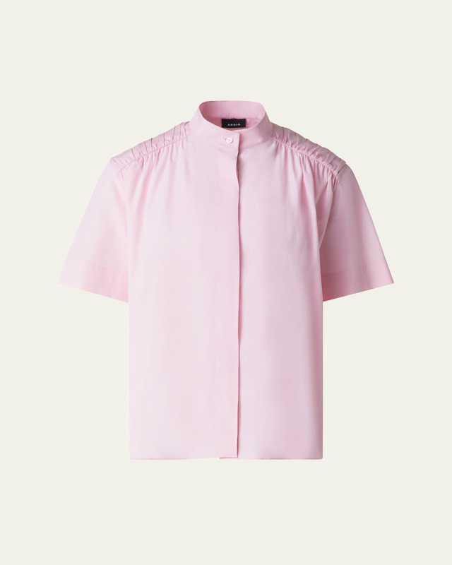 Gathered-Shoulder Cotton Poplin Button-Down Blouse